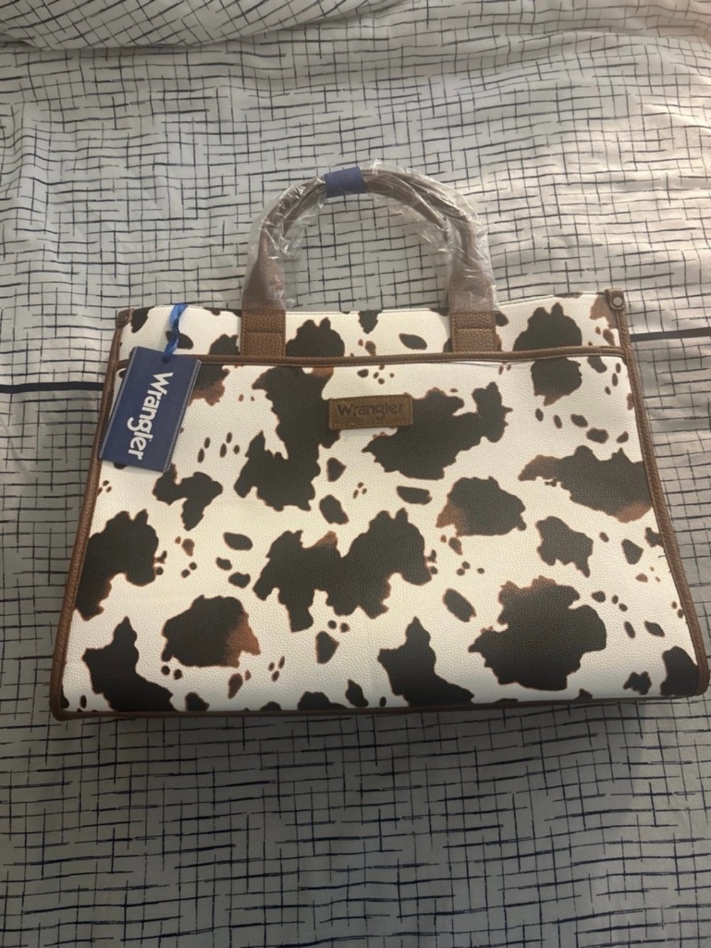 Wrangler Brown and White Cowprint Leather Briefcase Tote